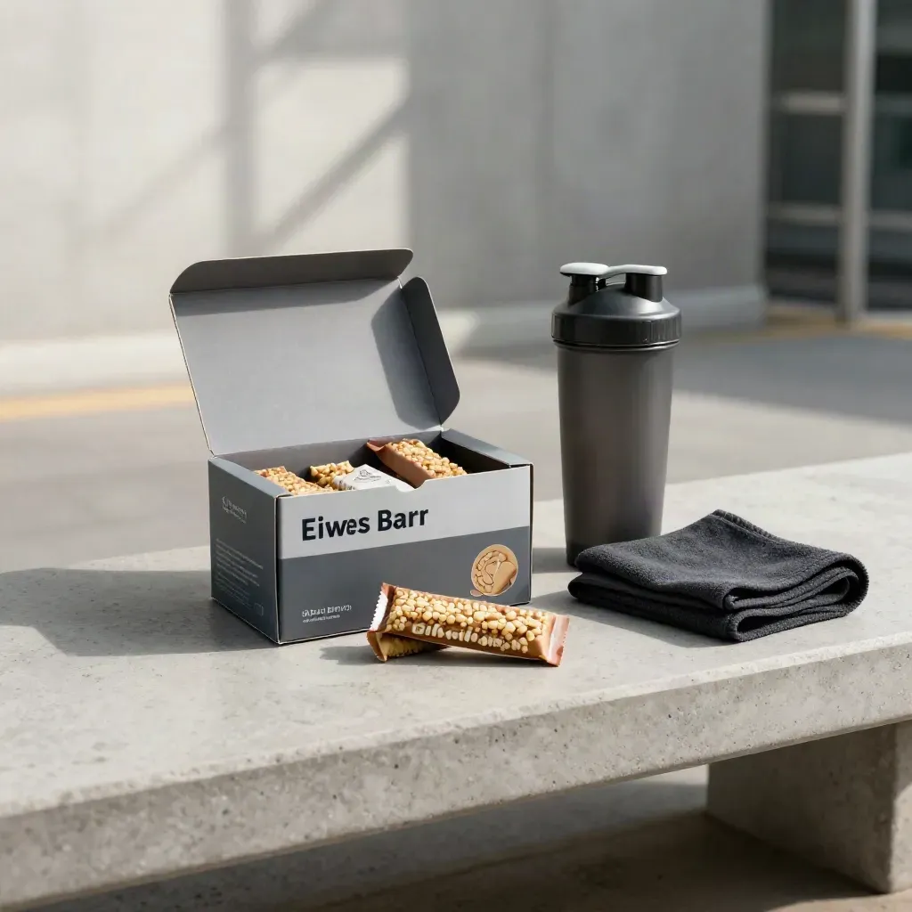 Offene Proteinriegel-Mixbox mit Shaker und Handtuch auf heller Betonbank.