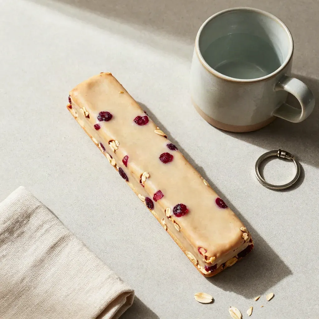 Cranberry-Hafer-Riegel neben sagefarbener Tasse und Schlüsselring auf hellem Beton, streng von oben.