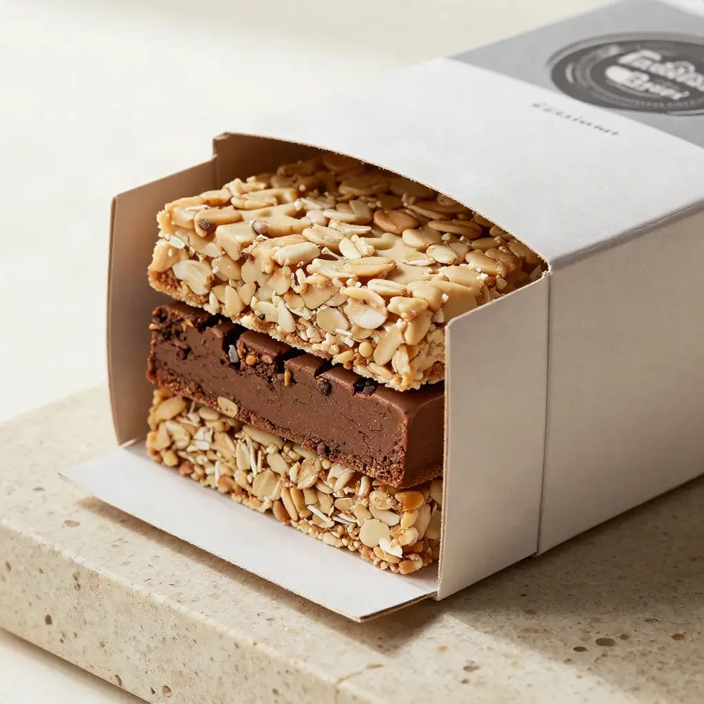 Halb geöffnete Monatsbox mit Proteinriegeln auf hellem Travertin, edel und makro