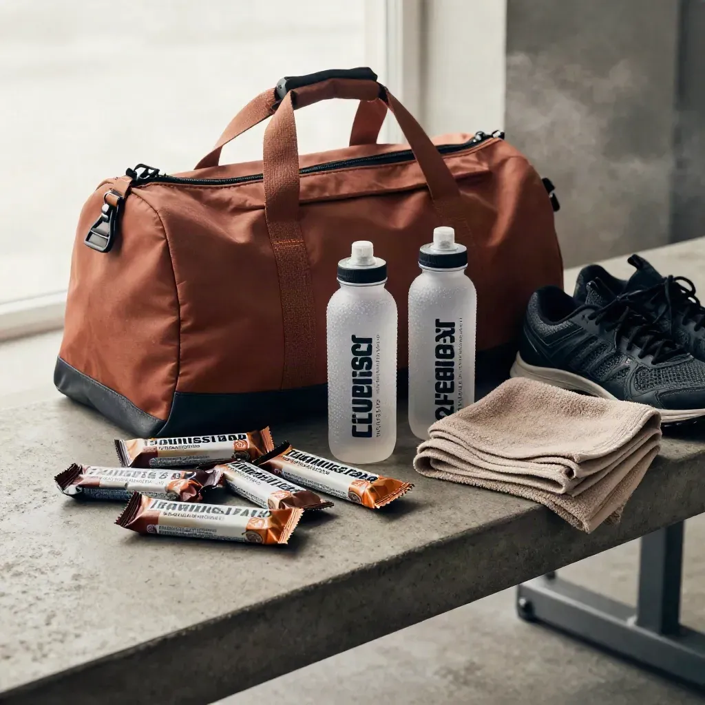 Trainingsset mit Riegeln, Drinks, Handtuch und Sporttasche neben Bank