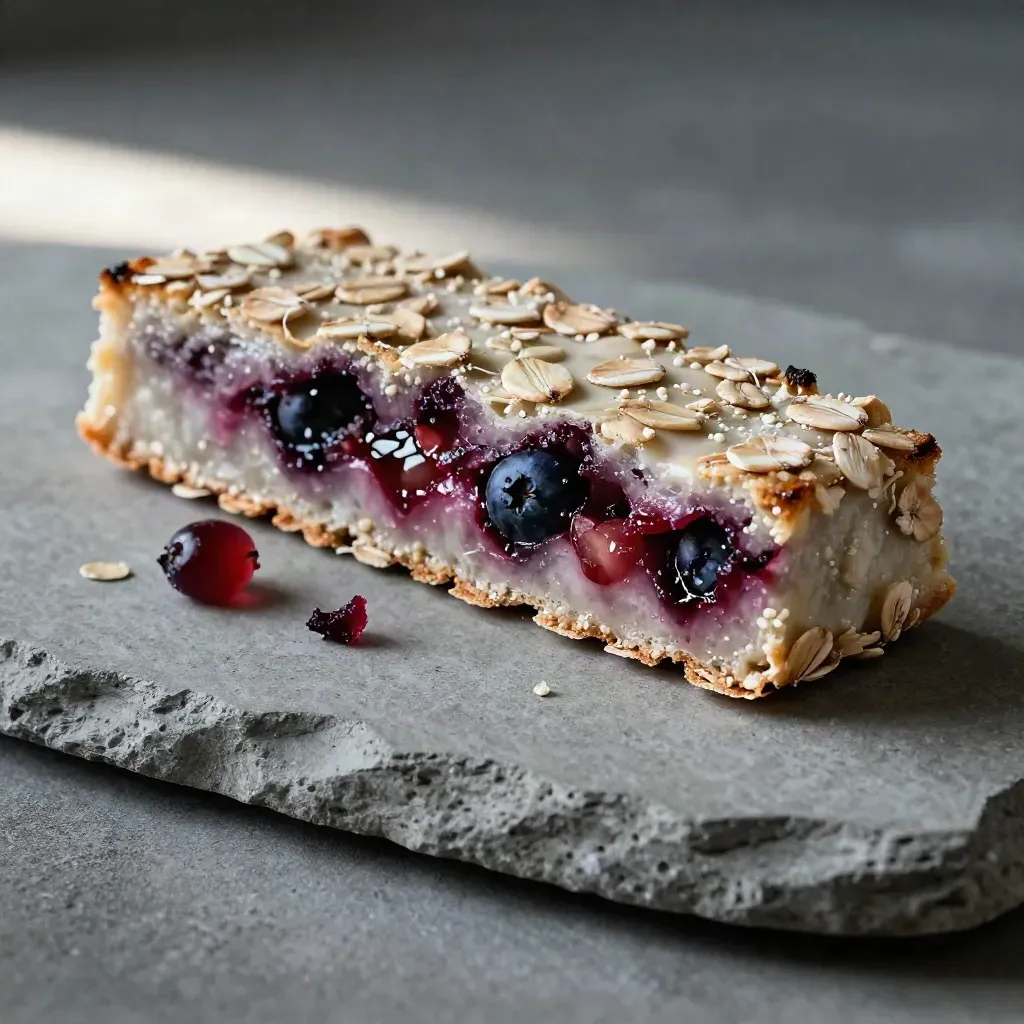 Angeschnittener Beeren-Hafer-Riegel auf Stein mit Haferkörnern und Beerensplittern