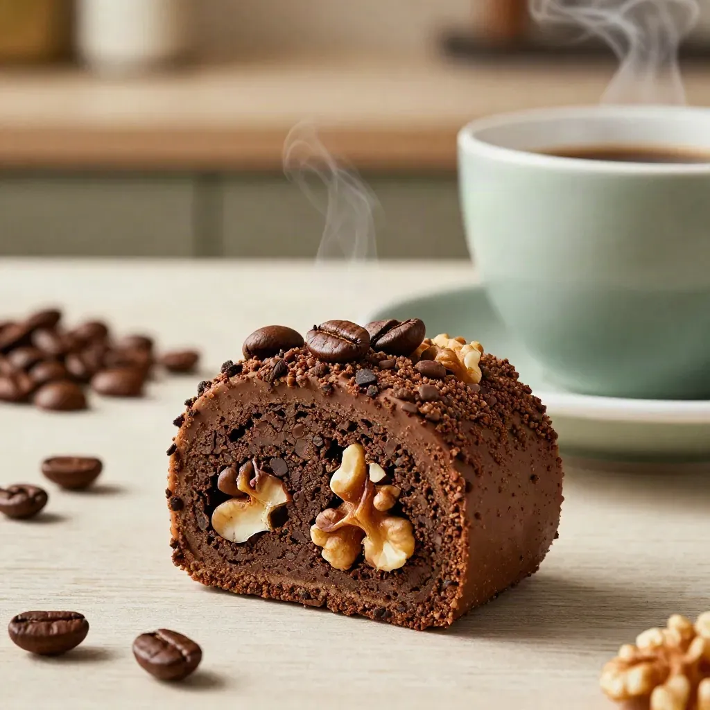 Kaffeeriegel mit Walnüssen und Bohnen neben Tasse auf hellem Holz, mit zartem Dampf.