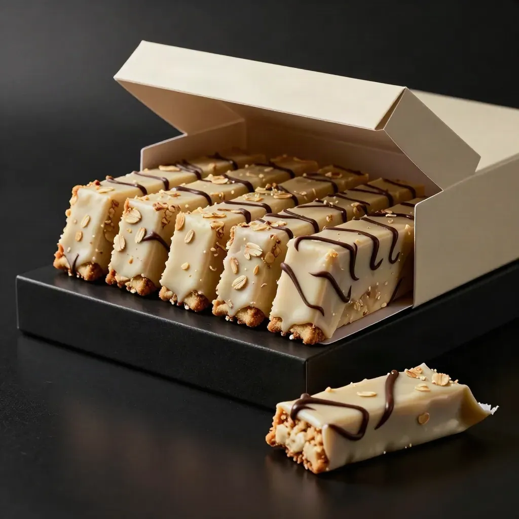 Geöffnete Snackbox mit zwölf Riegeln auf dunkler Studiofläche, dramatisch beleuchtet.