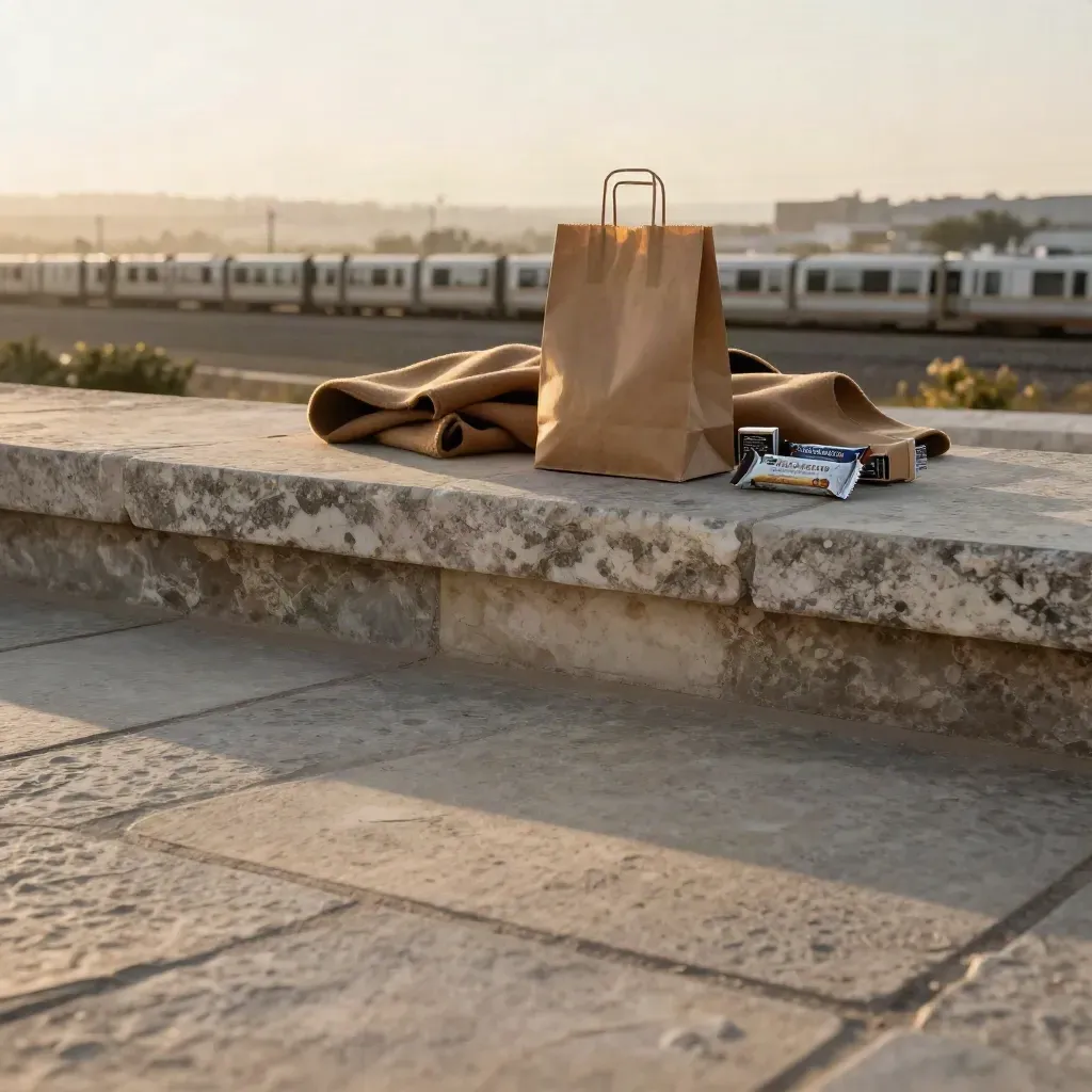 Terrassenkante im Morgenlicht mit Papierbeutel, Mantel und Bahnlinie im Dunst